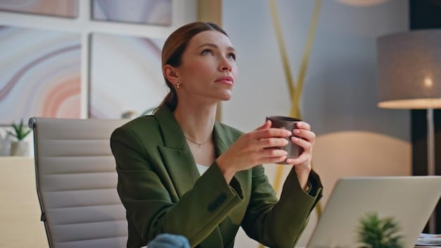 A US professional mindfully sipping tea in their office, with a calm and focused expression. The scene is simple and highlights the integration of mindfulness into a typical workday. This emphasizes how one can Reduce Stress by 20% in 30 Days: A Beginner's Guide to Mindfulness for US Professionals by incorporating small habits during their office routine.