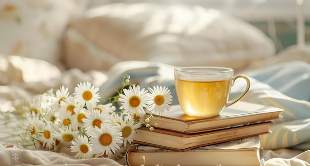 A cup of warm chamomile tea next to a book on a bedside table, creating a calming and relaxing atmosphere conducive to sleep. This highlights the importance of making better choices for relaxation before bed.