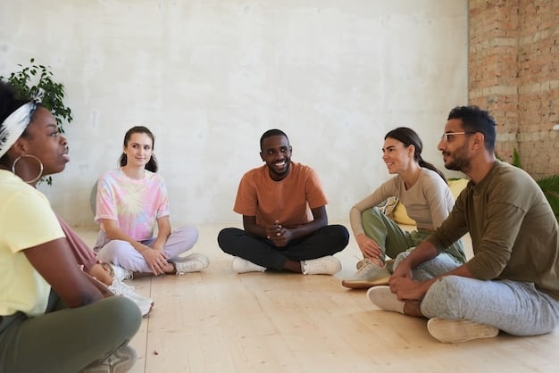 Diverse people doing meditation in class. Focus on a group of US citizens in a well lighted studio. Include the term 