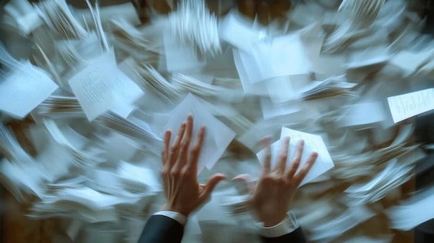 A close-up of hands wringing nervously, on top of scattered papers and files, representing stressful work environment.