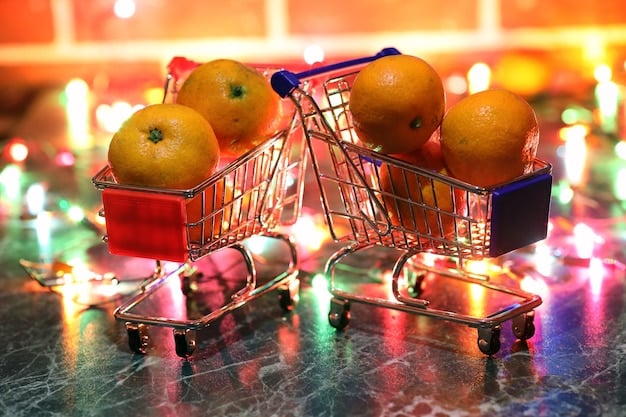 A close-up shot of a shopping cart filled with a variety of colorful, affordable fruits and vegetables, with a focus on items like apples, bananas, carrots, and spinach. A hand is reaching into the cart, holding a reusable shopping bag, conveying the idea of smart shopping for 'Healthy Eating on a Budget: Tips and Tricks for US Families in 2025'.