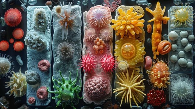 A microscopic view of a diverse and thriving gut microbiome, showcasing different types of beneficial bacteria and microbes. The image emphasizes the complexity and importance of maintaining a balanced and healthy gut ecosystem related to The Importance of Gut Health: How Probiotics Can Improve Your Digestion and Immunity.