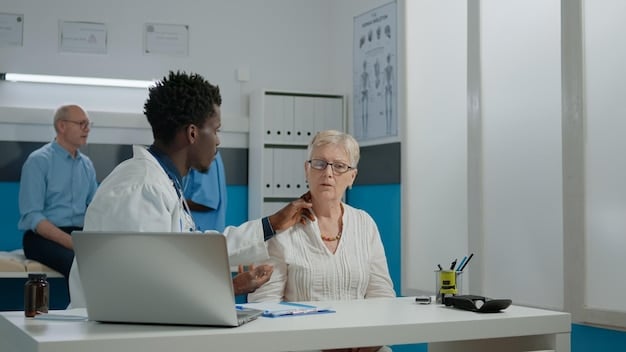A healthcare professional explaining pain management options to a patient in a modern clinic setting, representing the collaborative aspect of Managing Chronic Pain: Effective Strategies for US Residents in 2025. The scene emphasizes personalized care and shared decision-making.