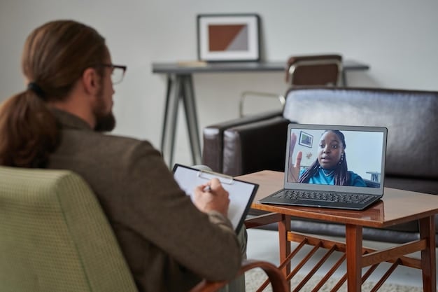 A person is on a video call with a therapist. The scene is indoors, with soft lighting. The person looks engaged and comfortable as they discuss their challenges with the therapist. The image represents online therapy and the availability of mental health resources in the US.