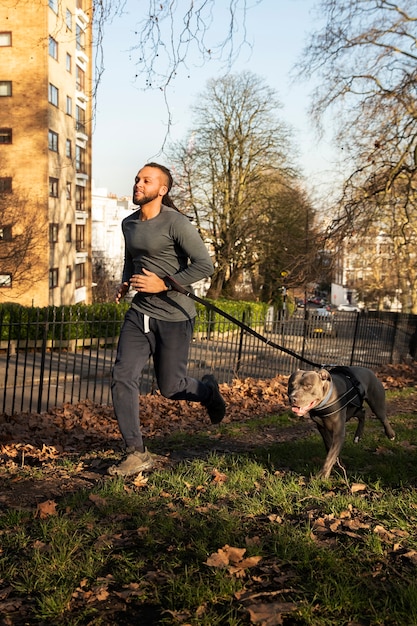 A person walking their dog in a urban environment, showcasing accessible exercise and routine integration relating to 'The Power of Walking: How 30 Minutes a Day Can Transform Your Health'.