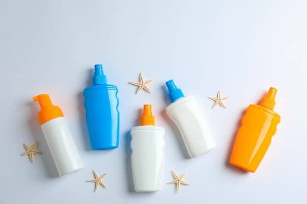 A close-up of different types of sunscreen bottles arranged on a table, highlighting various SPF levels and formulations like lotions, sprays, and sticks. The image focuses on the variety of sunscreen options available for 'Protect Your Skin: The Ultimate Guide to Sunscreen and Skin Cancer Prevention in the US'.