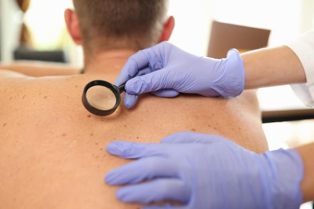 A dermatologist examining a patient's mole with a dermatoscope, emphasizing the importance of regular skin checks for early detection of skin cancer, as part of 'Protect Your Skin: The Ultimate Guide to Sunscreen and Skin Cancer Prevention in the US'.