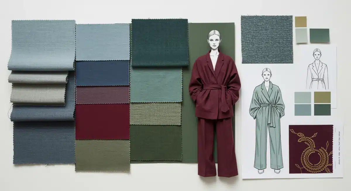 Mood board with 2025 fashion fabric swatches, color palettes, and design sketches.
