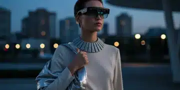 2026 Accessory Forecast: 7 Key Pieces Defining US Women's Fashion Stylish woman in 2026 featuring futuristic accessories like a metallic shoulder bag, geometric collar necklace, and smart glasses.