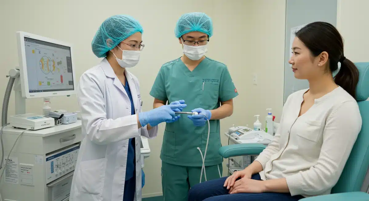 Doctor explaining non-invasive procedure safety to patient in clinic