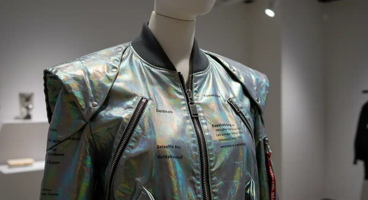 Avant-garde bomber jacket with iridescent fabric and exaggerated details on mannequin, 2026 fashion.