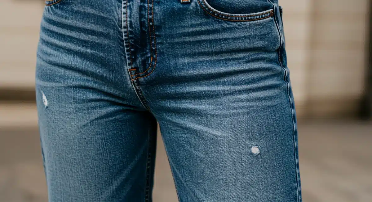 Woman wearing stylish barrel-leg denim jeans, showcasing the emerging 2026 silhouette.