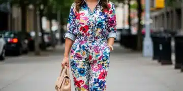 American woman in bold mixed prints, urban style