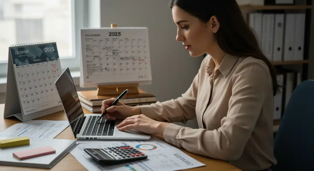 Woman tracking budget and financial goals for December 2025.