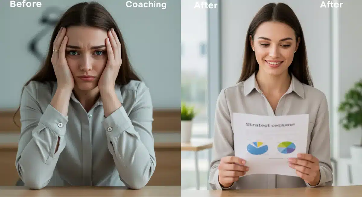 Before and after executive coaching: woman transforming from stressed to confident leader.