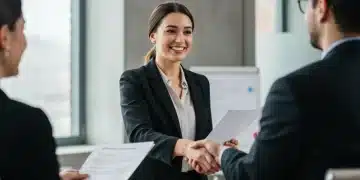 Confident woman successfully negotiating salary in a professional setting