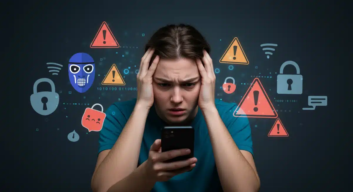 Stressed consumer dealing with digital threat on smartphone