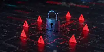 Digital padlock with red lines indicating a data breach, symbolizing increased corporate cyber attacks.