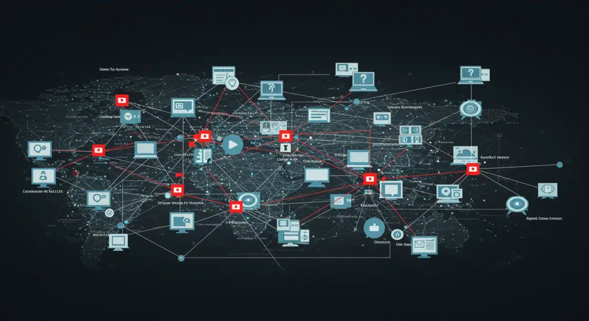 Complex network diagram showing compromised corporate IT systems due to data breaches.