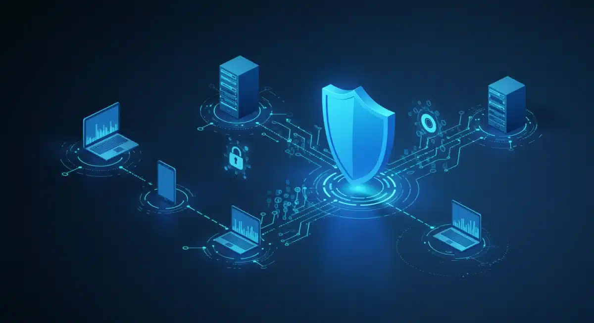 Cybersecurity shield protecting digital data network