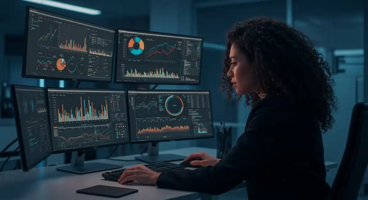 Woman analyzing complex data on multiple screens, problem-solving