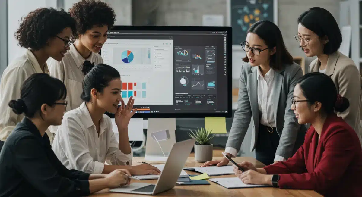 Diverse professional women collaborating on digital branding strategy