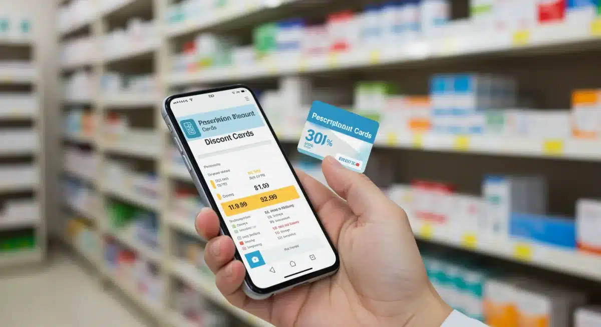 Smartphone displaying prescription discount app, emphasizing digital tools for saving money.