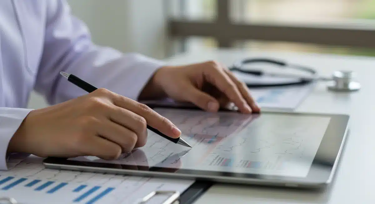 Doctor reviewing digital medical charts, analyzing new health screening data.