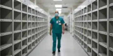 Empty medical supply shelves in a hospital corridor, highlighting the nationwide shortage.