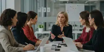 Professional women discussing career growth with an executive coach in a modern office.