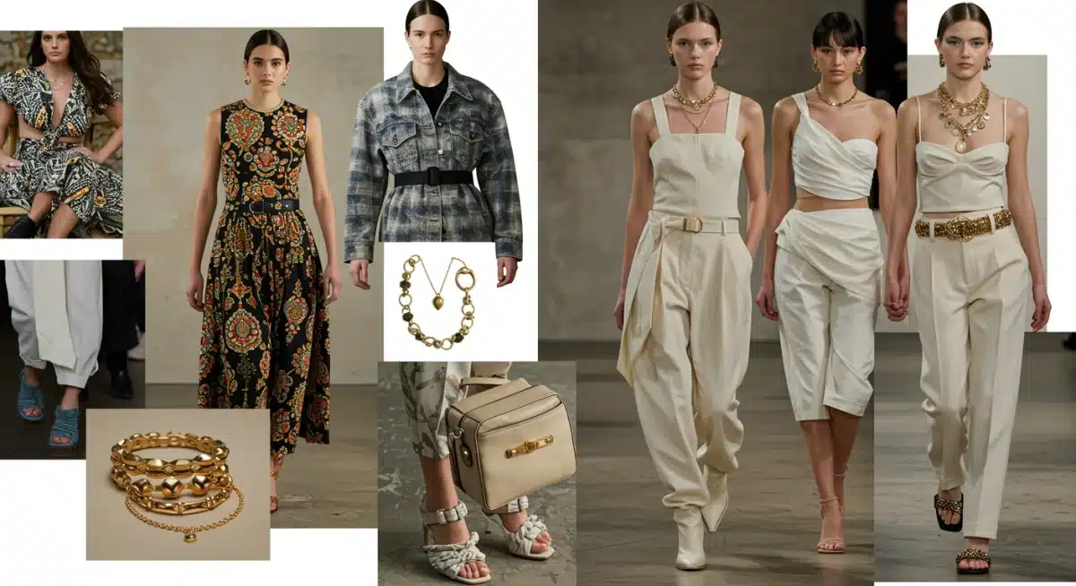 Fashion mood board showing contrasting maximalist and minimalist elements