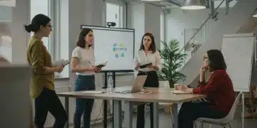 Diverse women collaborating on business ideas in a modern co-working space, symbolizing female entrepreneurship.