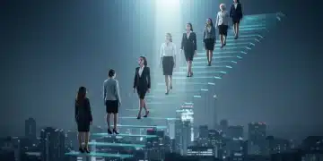 Diverse women ascending glass staircase, symbolizing female leadership and breaking barriers by 2026.