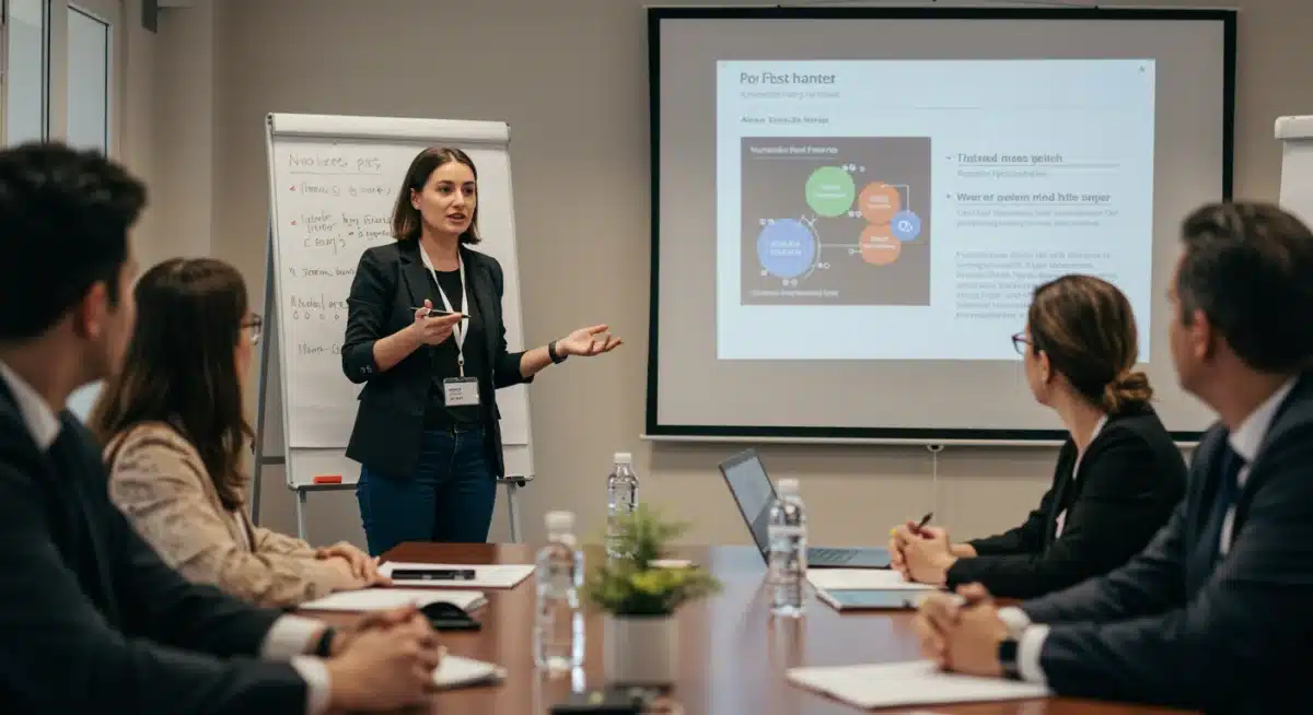 Female entrepreneur pitching business idea to investors, representing funding trends.