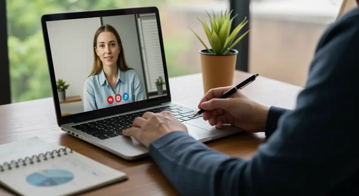 Person on video call with financial advisor discussing investment strategies