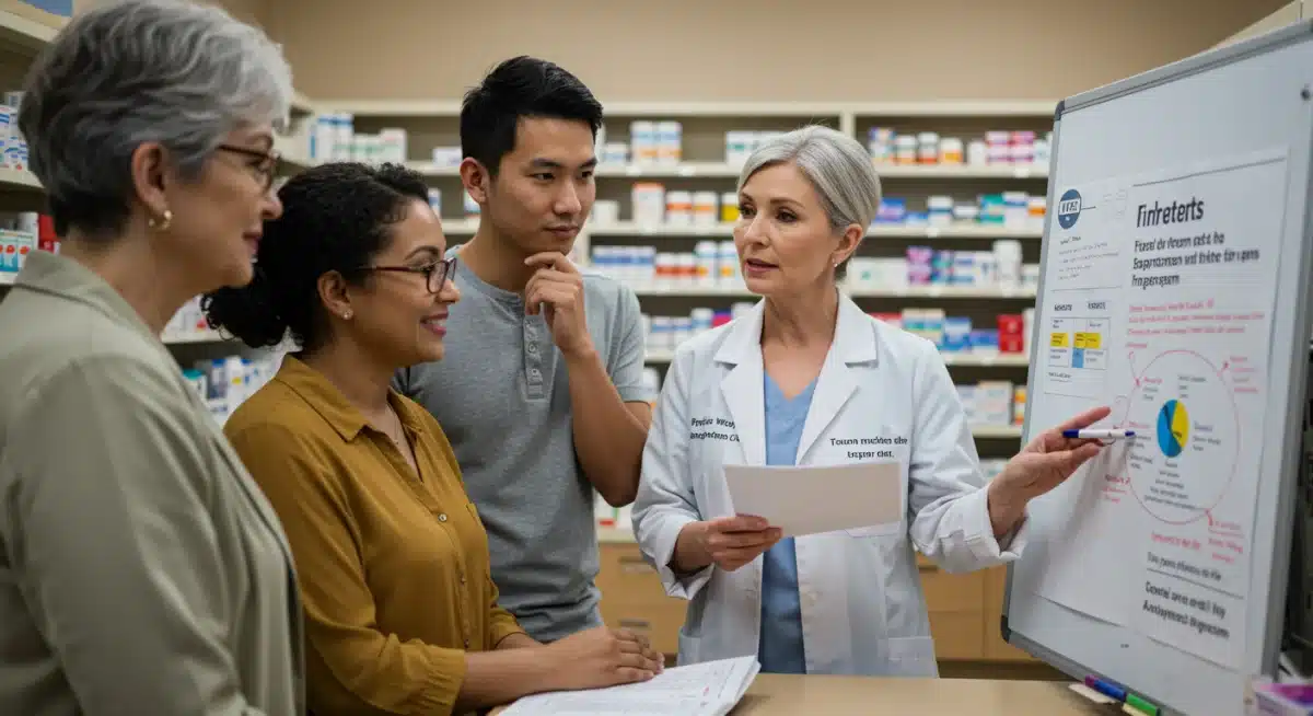 Patients consulting pharmacist about medication costs and alternative options.