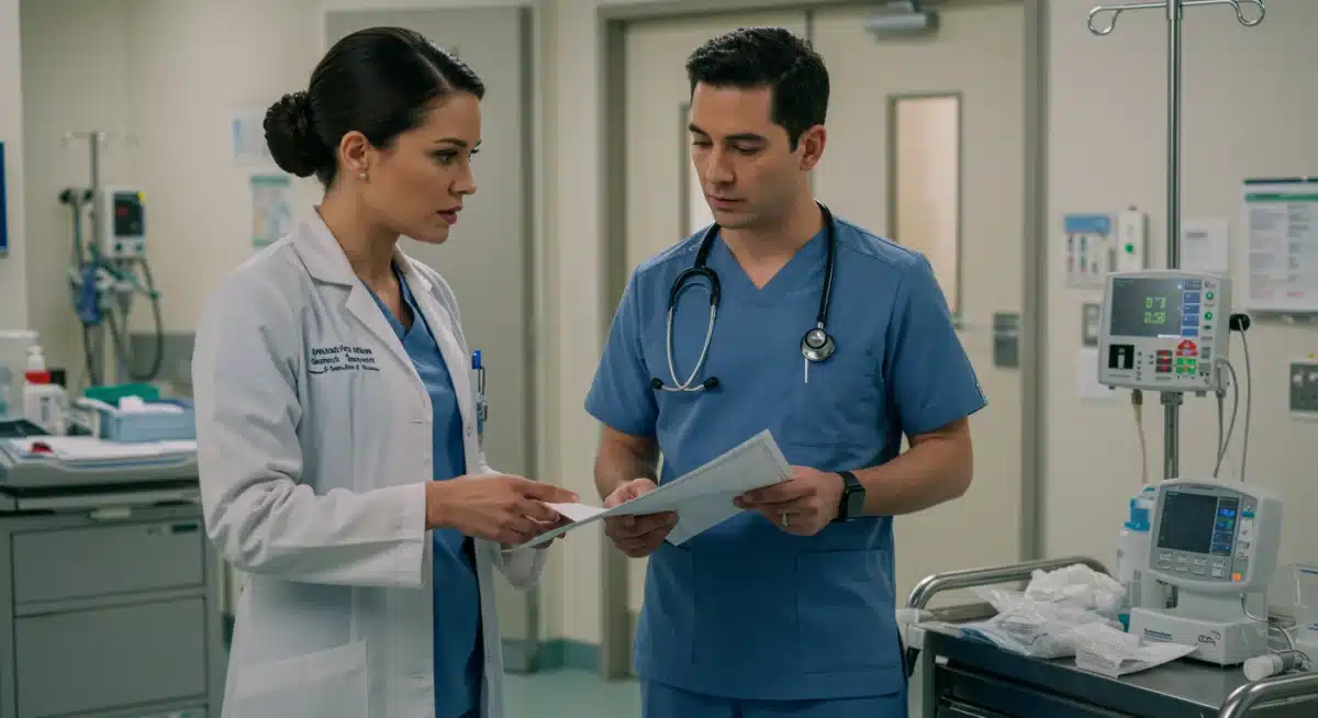 Healthcare professionals discussing medical supply constraints in a hospital.