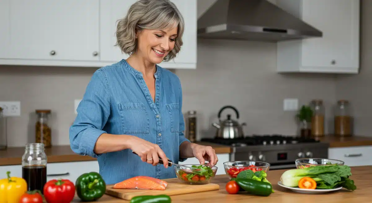 Woman preparing a healthy, balanced meal for heart health.
