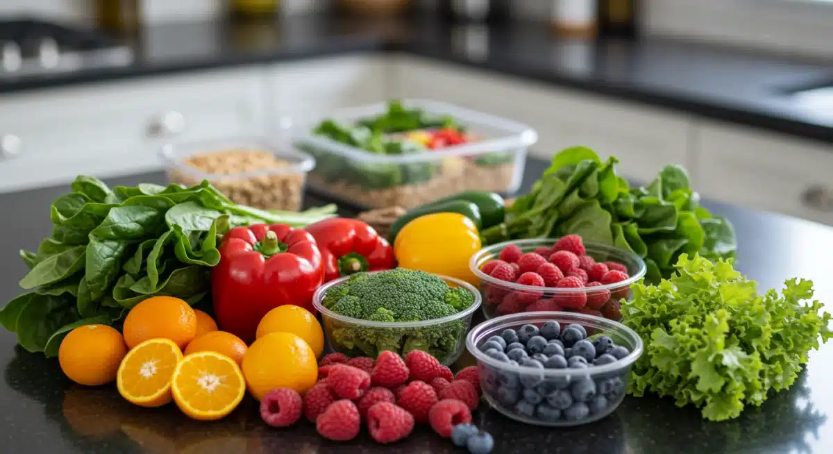 Colorful fresh produce and meal prep containers on a kitchen counter.