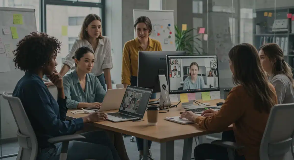 Diverse women collaborating in a hybrid work environment, blending in-office and remote participation seamlessly.