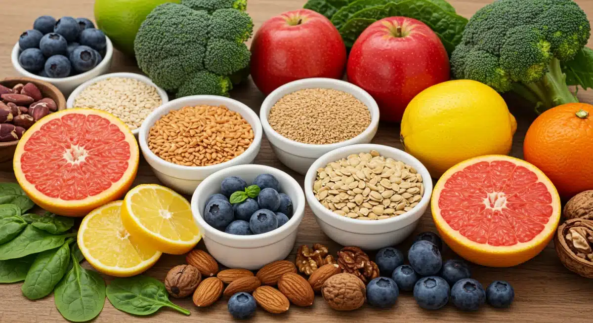 Assortment of fresh, colorful, immunity-boosting foods on a wooden table