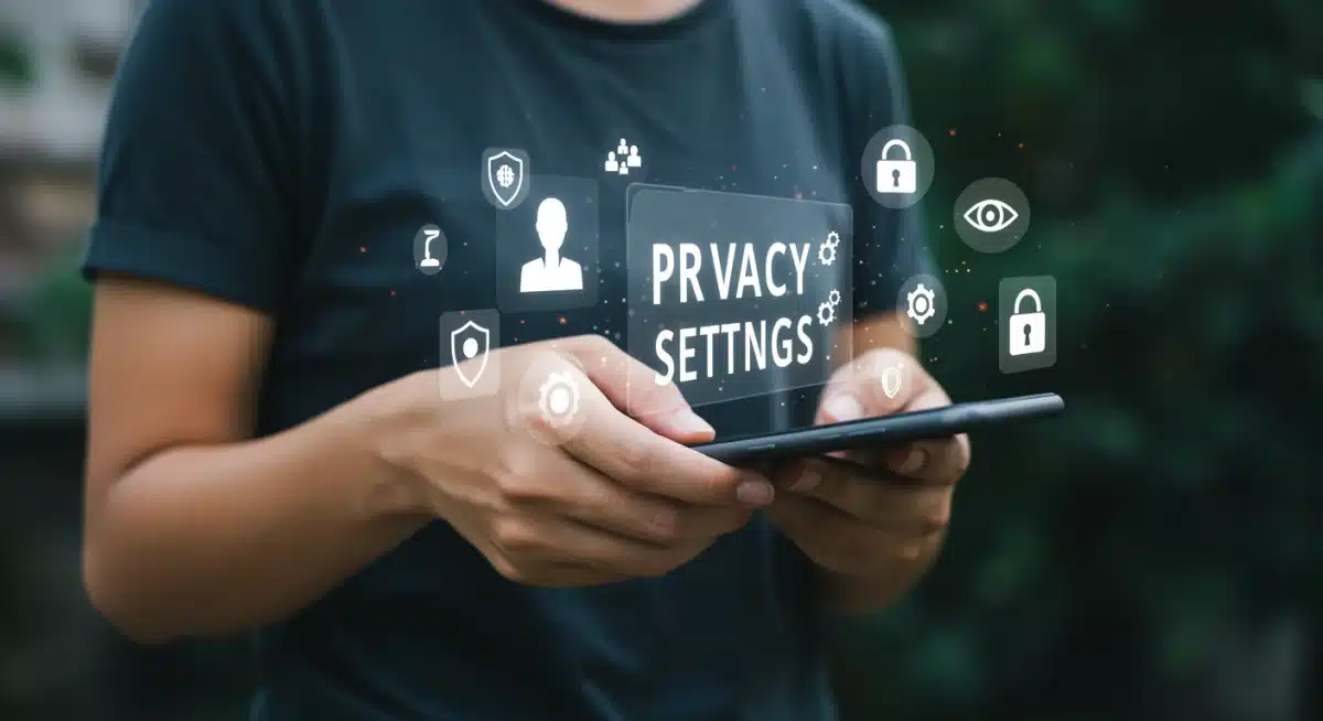 Individual managing privacy settings on a smartphone with security icons