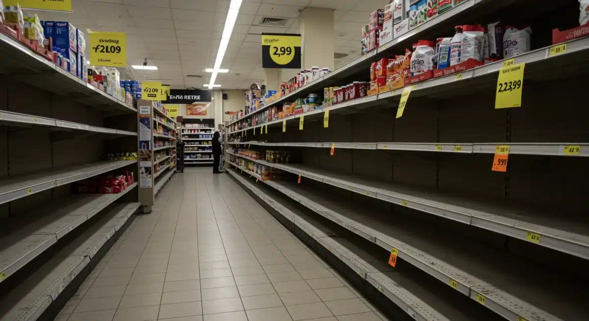 Empty grocery shelves and high price tags reflecting inflation's impact on consumers