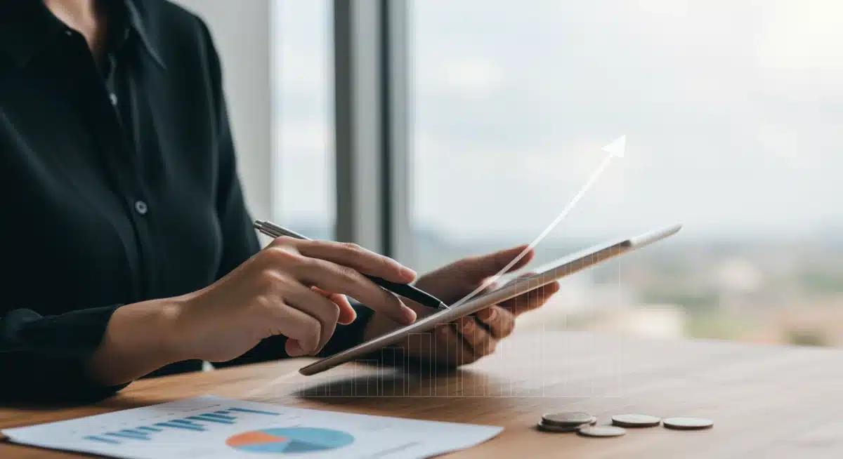 Woman reviewing investment portfolio for financial growth and security.