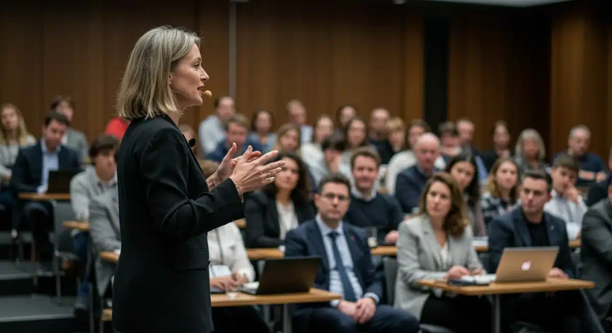 Successful woman over 40 leading a presentation with confidence and expertise.