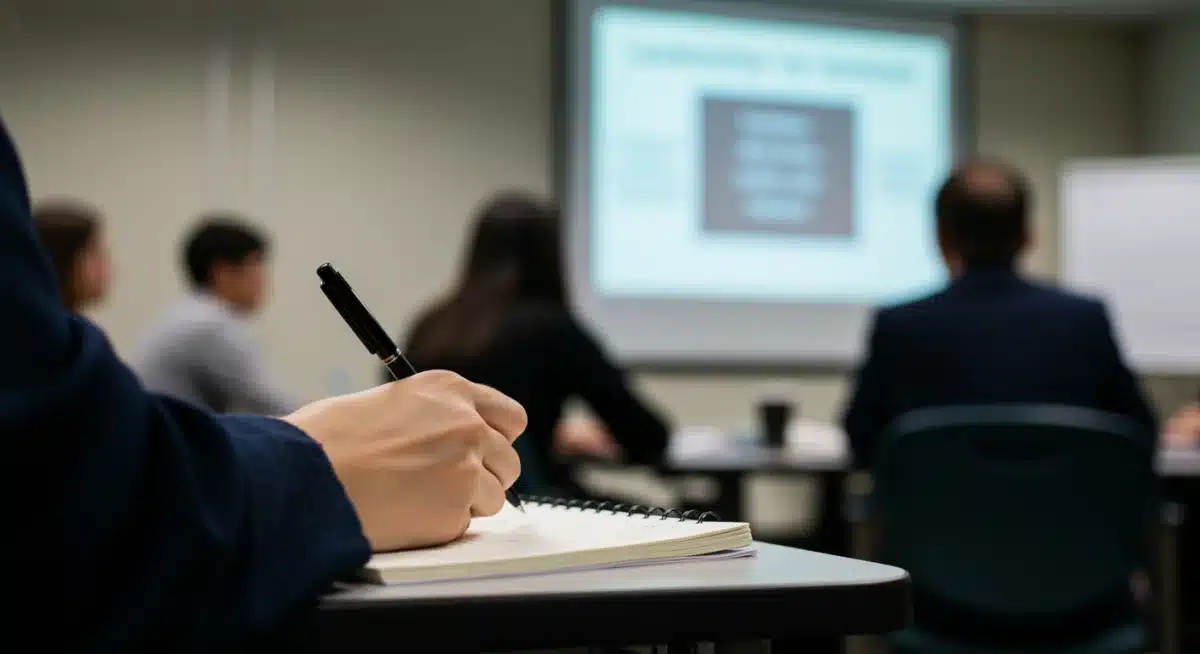 Woman taking notes during a leadership development seminar.