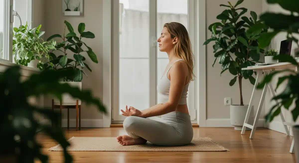 Woman meditating in a peaceful home office, focusing on mental well-being and stress reduction.