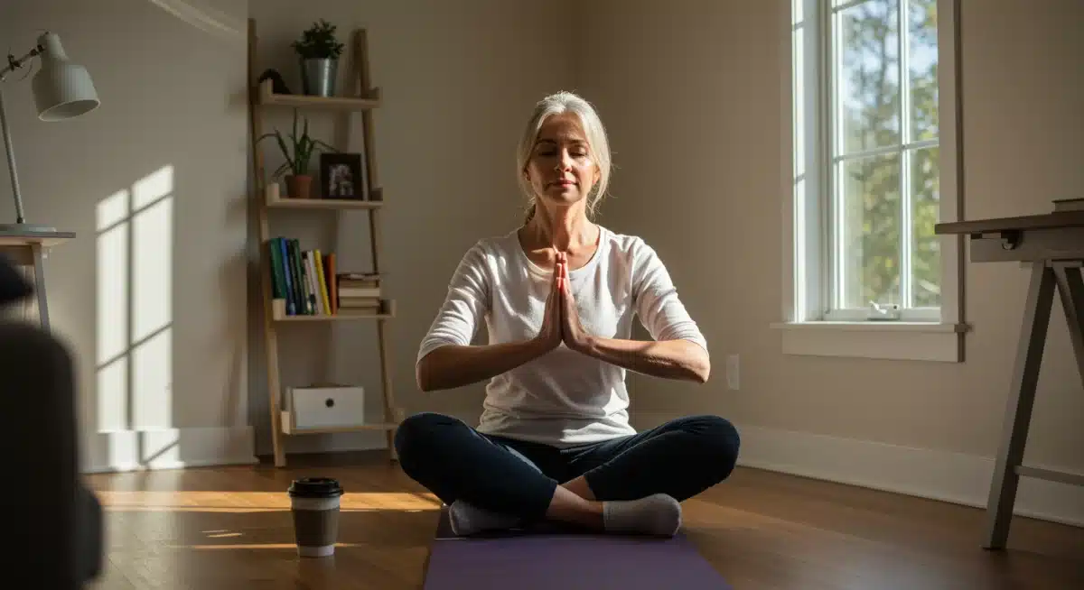 Successful woman over 40 practicing mindfulness for mental clarity.