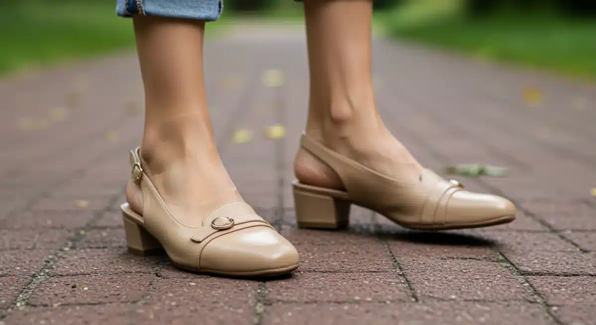 Woman wearing stylish low-heel slingbacks, highlighting comfort and modern design.