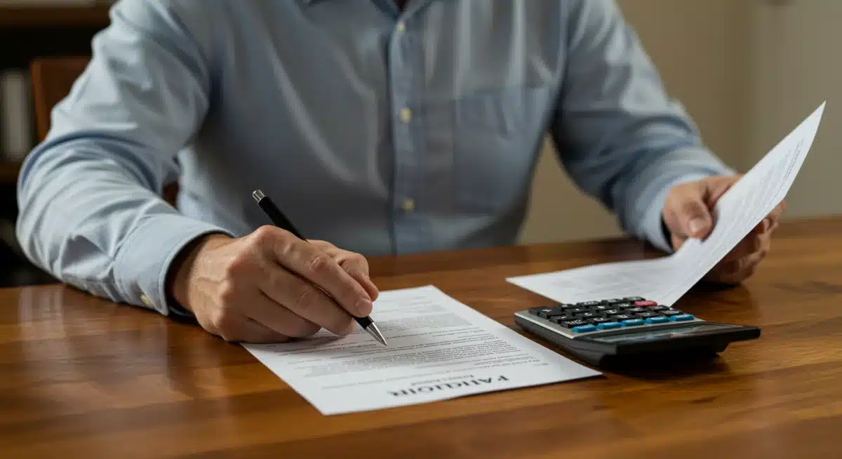 Person analyzing mortgage documents with a calculator, representing financial planning.